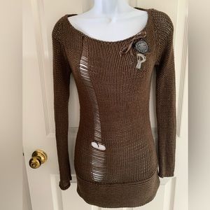 Playdead Cult Brown Distressed Scoop Neck Tunic Sweater Size 3